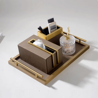 Luxury Brown Leather & Gold Accent Organizer Set | Desktop Storage Solution