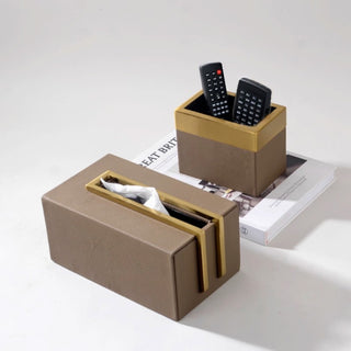 Luxury Brown Leather & Gold Accent Organizer Set | Desktop Storage Solution