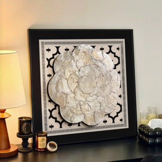 Luxury Elegant 3D Handcrafted White Shell Mother of Pearl Bloom Rosette Sculpted Wall Decor | Black Framed