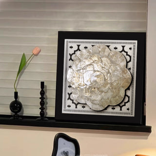 Luxury Elegant 3D Handcrafted White Shell Mother of Pearl Bloom Rosette Sculpted Wall Decor | Black Framed