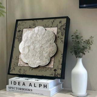 Luxury Elegant 3D Handcrafted White Shell Mother of Pearl Bloom Rosette Sculpted Wall Decor | Black Framed