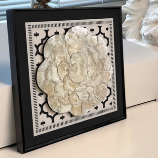 Luxury Elegant 3D Handcrafted White Shell Mother of Pearl Bloom Rosette Sculpted Wall Decor | Black Framed