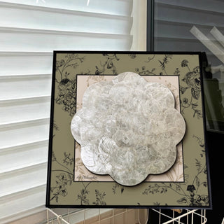 Luxury Elegant 3D Handcrafted White Shell Mother of Pearl Bloom Rosette Sculpted Wall Decor | Black Framed