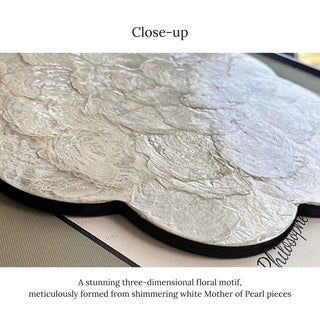 Luxury Elegant 3D Handcrafted White Shell Mother of Pearl Bloom Rosette Sculpted Wall Decor | Black Framed
