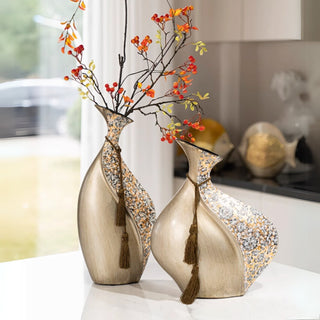 Luxury Gold Bronze Decorative Vases | Set of 2 | Textured Tassel Embellished