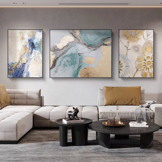 Luxury Hand-Painted Fluid Teal & Gold Abstract Art Trio (Set of 3) | Contemporary Framed Triptych Canvas