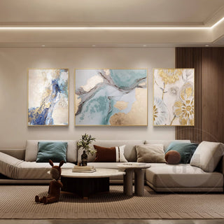 Luxury Hand-Painted Fluid Teal & Gold Abstract Art Trio (Set of 3) | Contemporary Framed Triptych Canvas