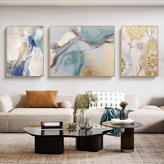 Luxury Hand-Painted Fluid Teal & Gold Abstract Art Trio (Set of 3) | Contemporary Framed Triptych Canvas
