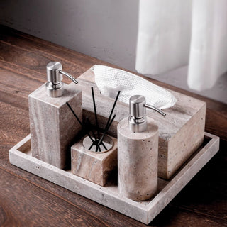 Luxury Natural Stone Bathroom Accessory Set | 5-Piece Solid Marble Vanity Organizer | Natural Beige Finish