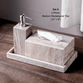Luxury Natural Stone Bathroom Accessory Set | 5-Piece Solid Marble Vanity Organizer | Natural Beige Finish