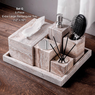 Luxury Natural Stone Bathroom Accessory Set | 5-Piece Solid Marble Vanity Organizer | Natural Beige Finish