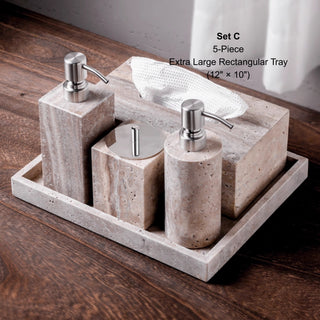 Luxury Natural Stone Bathroom Accessory Set | 5-Piece Solid Marble Vanity Organizer | Natural Beige Finish