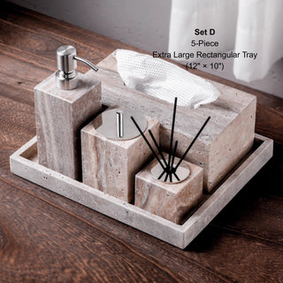 Luxury Natural Stone Bathroom Accessory Set | 5-Piece Solid Marble Vanity Organizer | Natural Beige Finish