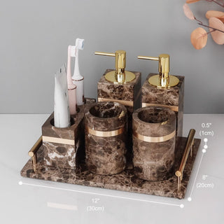 Luxury Premium Natural Brown Marble Bathroom Vanity Set Organizer | Spa Style Accessories