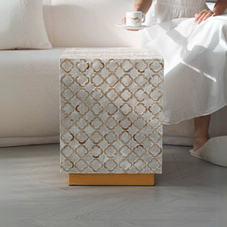 Luxury Shimmering Mother of Pearl Inlay End Table | White Shell Pattern Side Table
