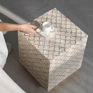 Luxury Shimmering Mother of Pearl Inlay End Table | White Shell Pattern Side Table