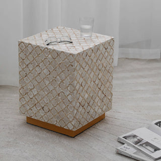 Luxury Shimmering Mother of Pearl Inlay End Table | White Shell Pattern Side Table