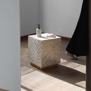Luxury Shimmering Mother of Pearl Inlay End Table | White Shell Pattern Side Table