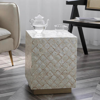 Luxury Shimmering Mother of Pearl Inlay End Table | White Shell Pattern Side Table