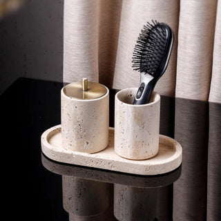 Luxury Bathroom Counter Beige Travertine Stone Organizer Set | Spa-Inspired Toiletries Tray, Liquid Soap Dispenser & Tumbler Set