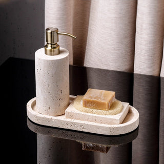 Luxury Bathroom Counter Beige Travertine Stone Organizer Set | Spa-Inspired Toiletries Tray, Liquid Soap Dispenser & Tumbler Set