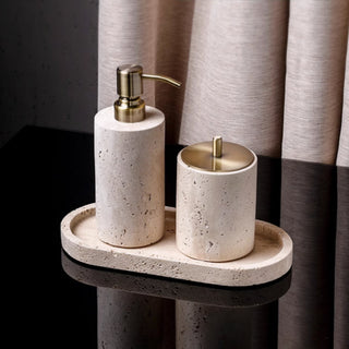 Luxury Bathroom Counter Beige Travertine Stone Organizer Set | Spa-Inspired Toiletries Tray, Liquid Soap Dispenser & Tumbler Set