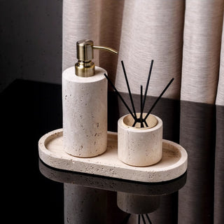 Luxury Bathroom Counter Beige Travertine Stone Organizer Set | Spa-Inspired Toiletries Tray, Liquid Soap Dispenser & Tumbler Set
