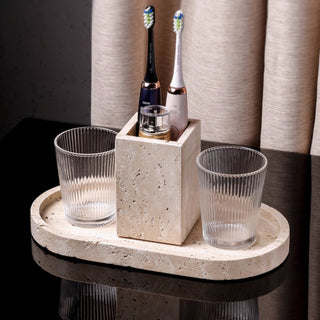 Luxury Bathroom Counter Beige Travertine Stone Organizer Set | Spa-Inspired Toiletries Tray, Liquid Soap Dispenser & Tumbler Set