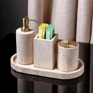 Luxury Bathroom Counter Beige Travertine Stone Organizer Set | Spa-Inspired Toiletries Tray, Liquid Soap Dispenser & Tumbler Set