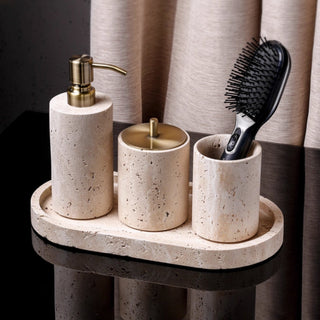 Luxury Bathroom Counter Beige Travertine Stone Organizer Set | Spa-Inspired Toiletries Tray, Liquid Soap Dispenser & Tumbler Set