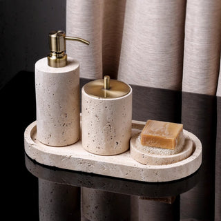 Luxury Bathroom Counter Beige Travertine Stone Organizer Set | Spa-Inspired Toiletries Tray, Liquid Soap Dispenser & Tumbler Set