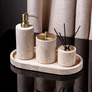 Luxury Bathroom Counter Beige Travertine Stone Organizer Set | Spa-Inspired Toiletries Tray, Liquid Soap Dispenser & Tumbler Set