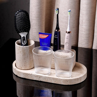 Luxury Bathroom Counter Beige Travertine Stone Organizer Set | Spa-Inspired Toiletries Tray, Liquid Soap Dispenser & Tumbler Set