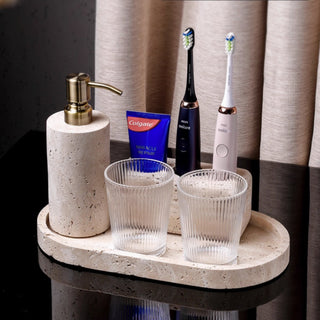 Luxury Bathroom Counter Beige Travertine Stone Organizer Set | Spa-Inspired Toiletries Tray, Liquid Soap Dispenser & Tumbler Set