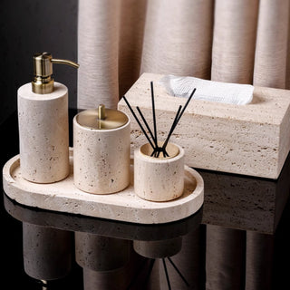 Luxury Bathroom Counter Beige Travertine Stone Organizer Set | Spa-Inspired Toiletries Tray, Liquid Soap Dispenser & Tumbler Set