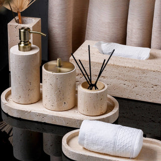 Luxury Bathroom Counter Beige Travertine Stone Organizer Set | Spa-Inspired Toiletries Tray, Liquid Soap Dispenser & Tumbler Set
