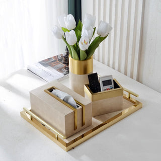 Luxury Beige Leather Desk Organizer Tray Set | Golden Iron Edge