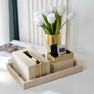 Luxury Beige Leather Desk Organizer Tray Set | Golden Iron Edge
