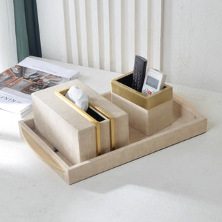 Luxury Beige Leather Desk Organizer Tray Set | Golden Iron Edge