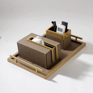 Luxury Brown Leather & Gold Accent Organizer Set | Desktop Storage Solution