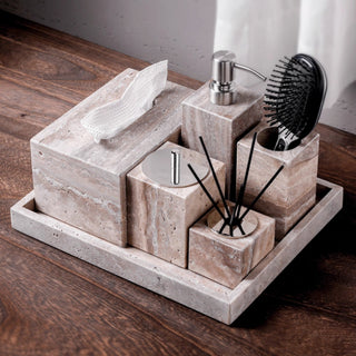 Luxury Natural Stone Bathroom Accessory Set | 5-Piece Solid Marble Vanity Organizer | Natural Beige Finish