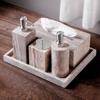 Luxury Natural Stone Bathroom Accessory Set | 5-Piece Solid Marble Vanity Organizer | Natural Beige Finish
