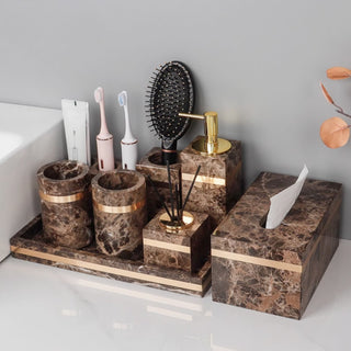 Luxury Premium Natural Brown Marble Bathroom Vanity Set Organizer | Spa Style Accessories