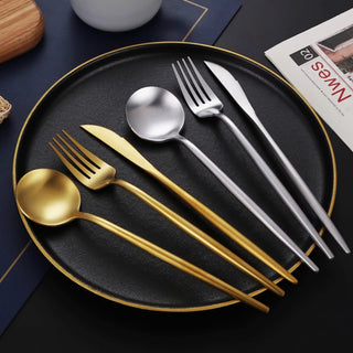 Matte Gold / Silver Dining Utensils Set of 4 | Elegant Chic Forks, Knives, Spoons Set
