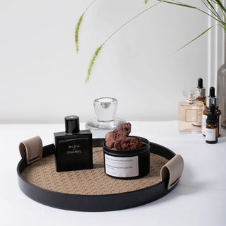 Modern Leather Round Organizer Tray | Black with Woven Base & Canvas Handles | Chic & Functional Vanity or Bar Tray