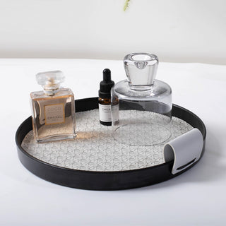 Modern Leather Round Organizer Tray | Black with Woven Base & Canvas Handles | Chic & Functional Vanity or Bar Tray