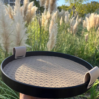Modern Leather Round Organizer Tray | Black with Woven Base & Canvas Handles | Chic & Functional Vanity or Bar Tray