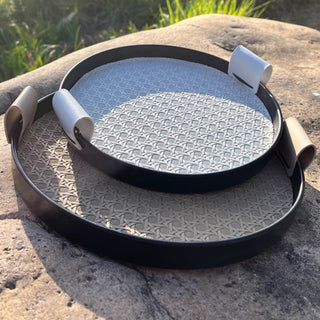 Modern Leather Round Organizer Tray | Black with Woven Base & Canvas Handles | Chic & Functional Vanity or Bar Tray