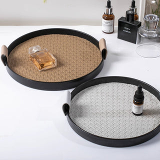 Modern Leather Round Organizer Tray | Black with Woven Base & Canvas Handles | Chic & Functional Vanity or Bar Tray