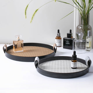 Modern Leather Round Organizer Tray | Black with Woven Base & Canvas Handles | Chic & Functional Vanity or Bar Tray